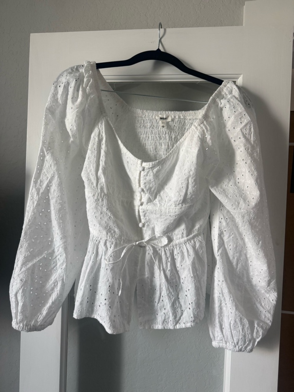 Aerie White Eyelet Peasant Blouse with Tie Waist